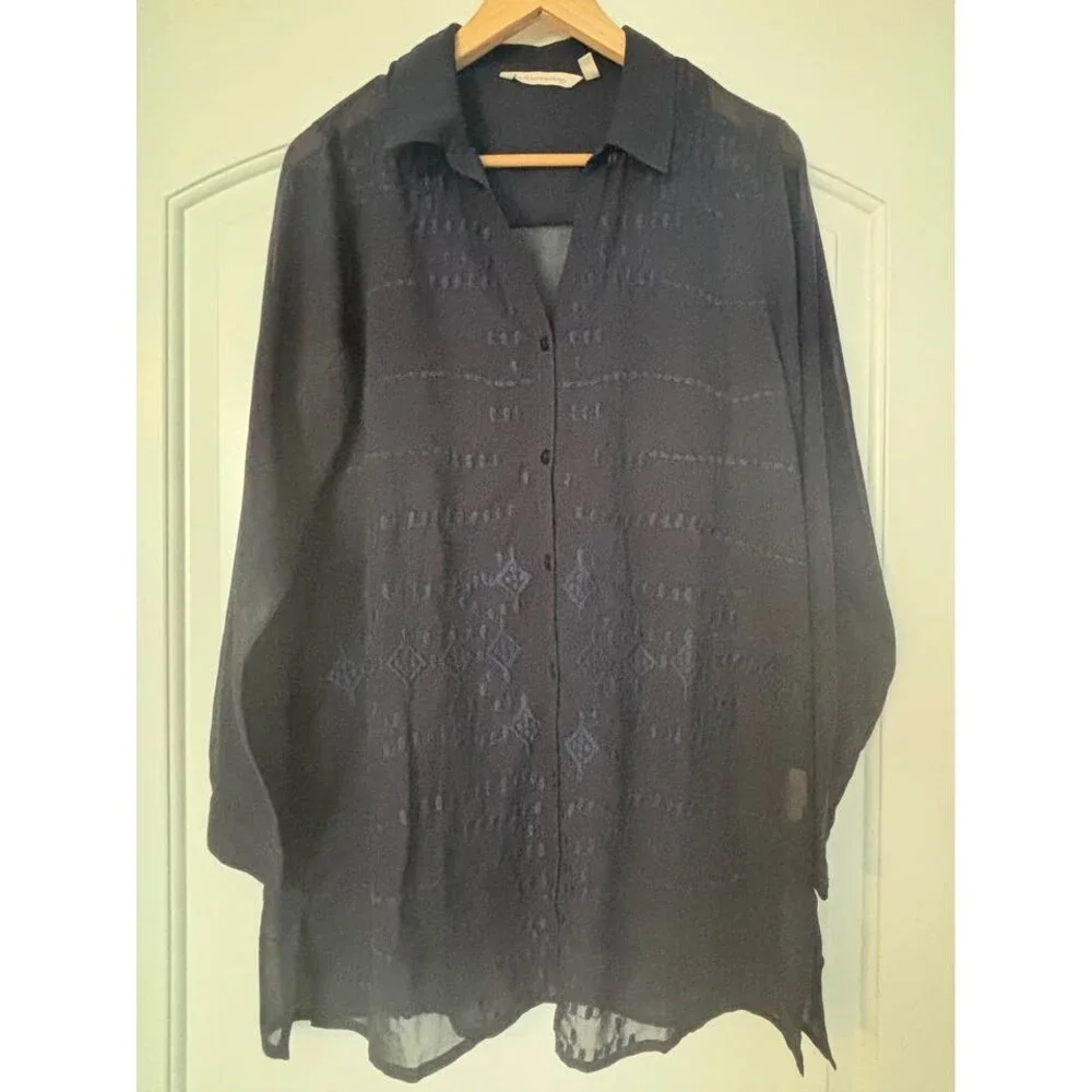 Soft Surroundings Ibiza Embroidered Sheer Tunic Blouse Navy Medium W/ Camisole